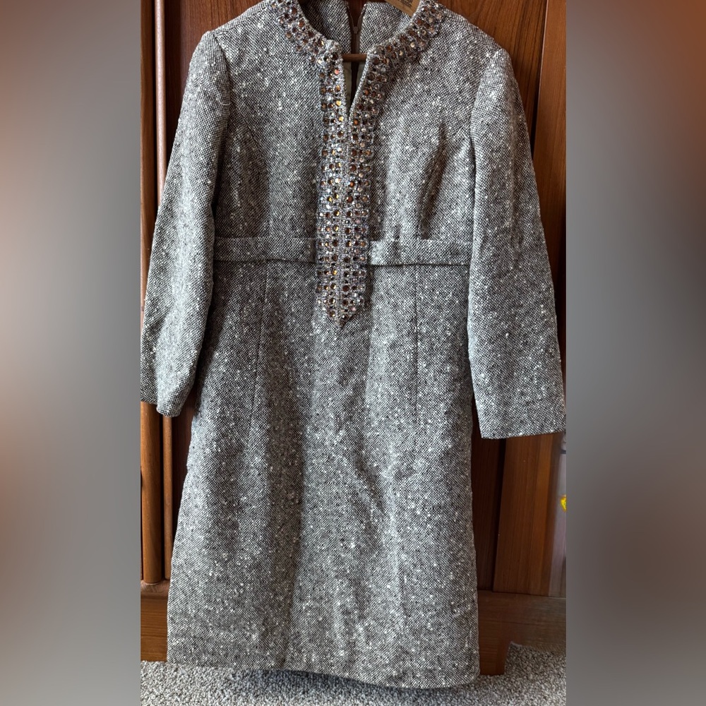 VINTAGE Kiki Hart Brown Tweed Coat Dress Embellished Front